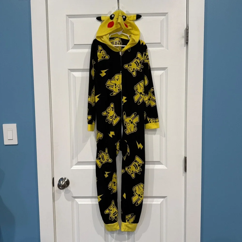 Pokemon Pikachu Kids Fleece Hooded One Piece‎ Pajama Union Suit Size M 8/10